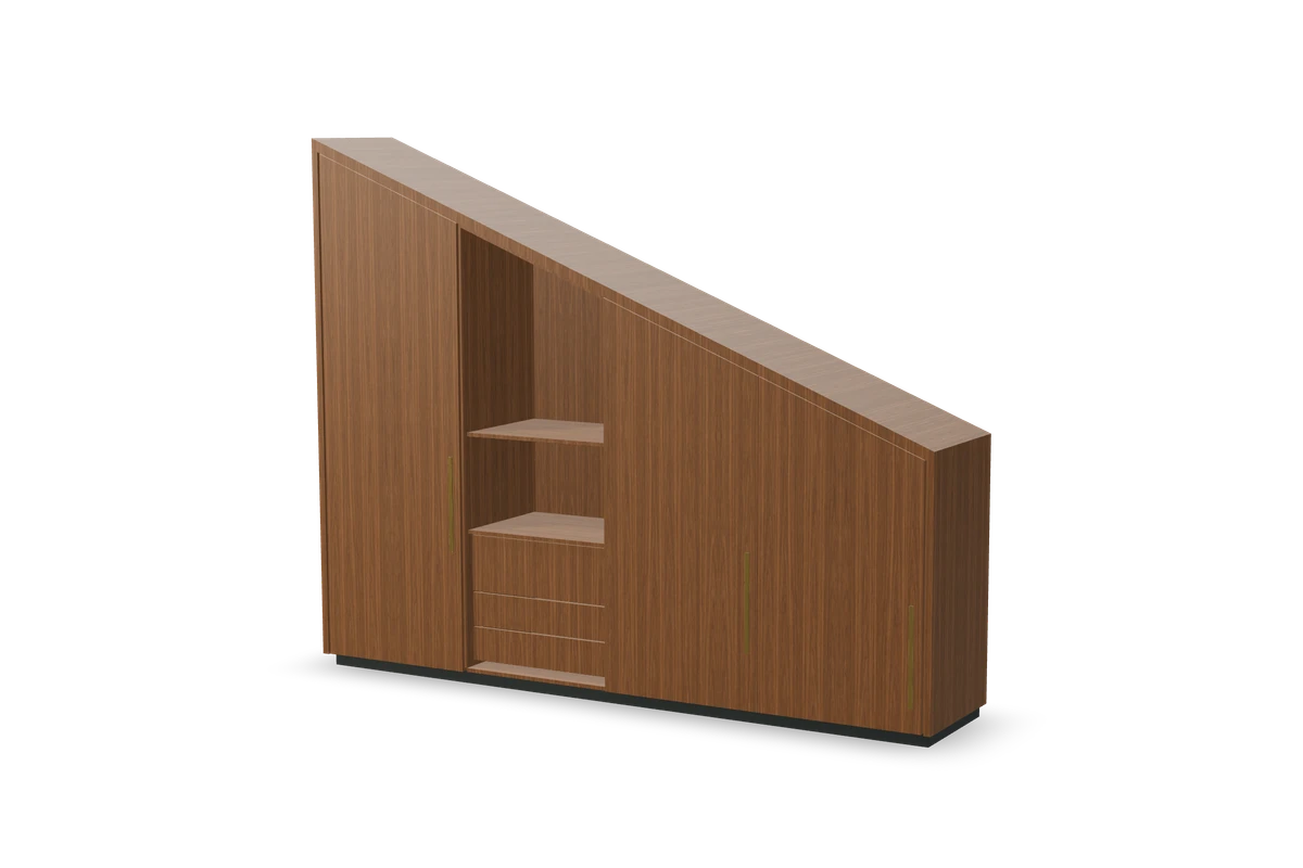 Meuble sous pente en noyer avec portes pleines et niche centrale ouverte, créé dans le configurateur IAKO.