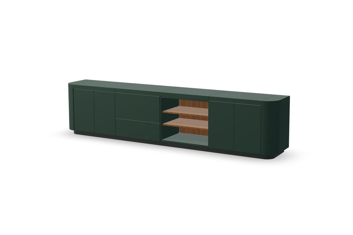 Meuble TV vert et noyer, composition du configurateur IAKO