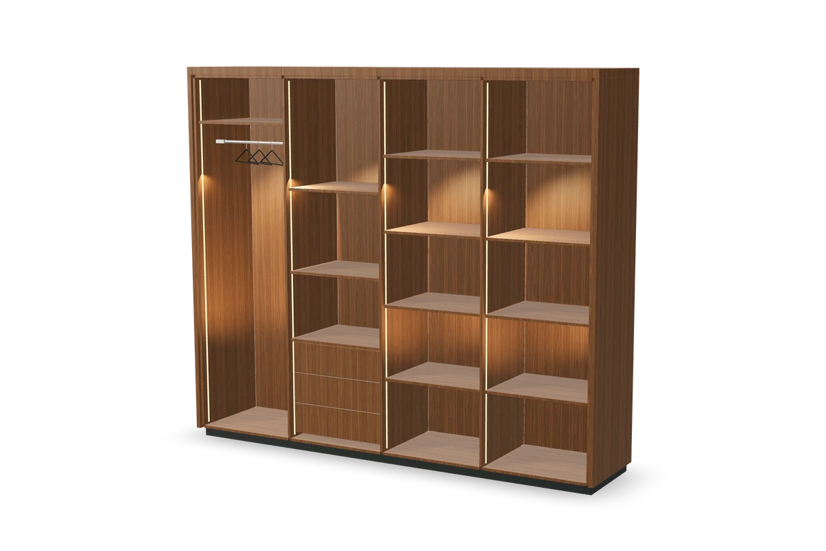 Dressing ouvert en noyer éclairé, composition du configurateur IAKO