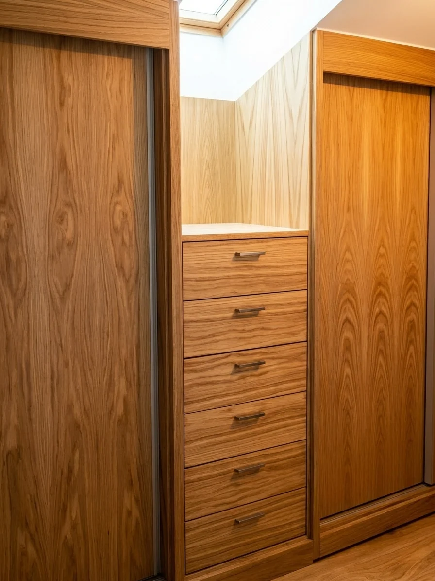 Rangements en bois, tiroirs et portes coulissantes.