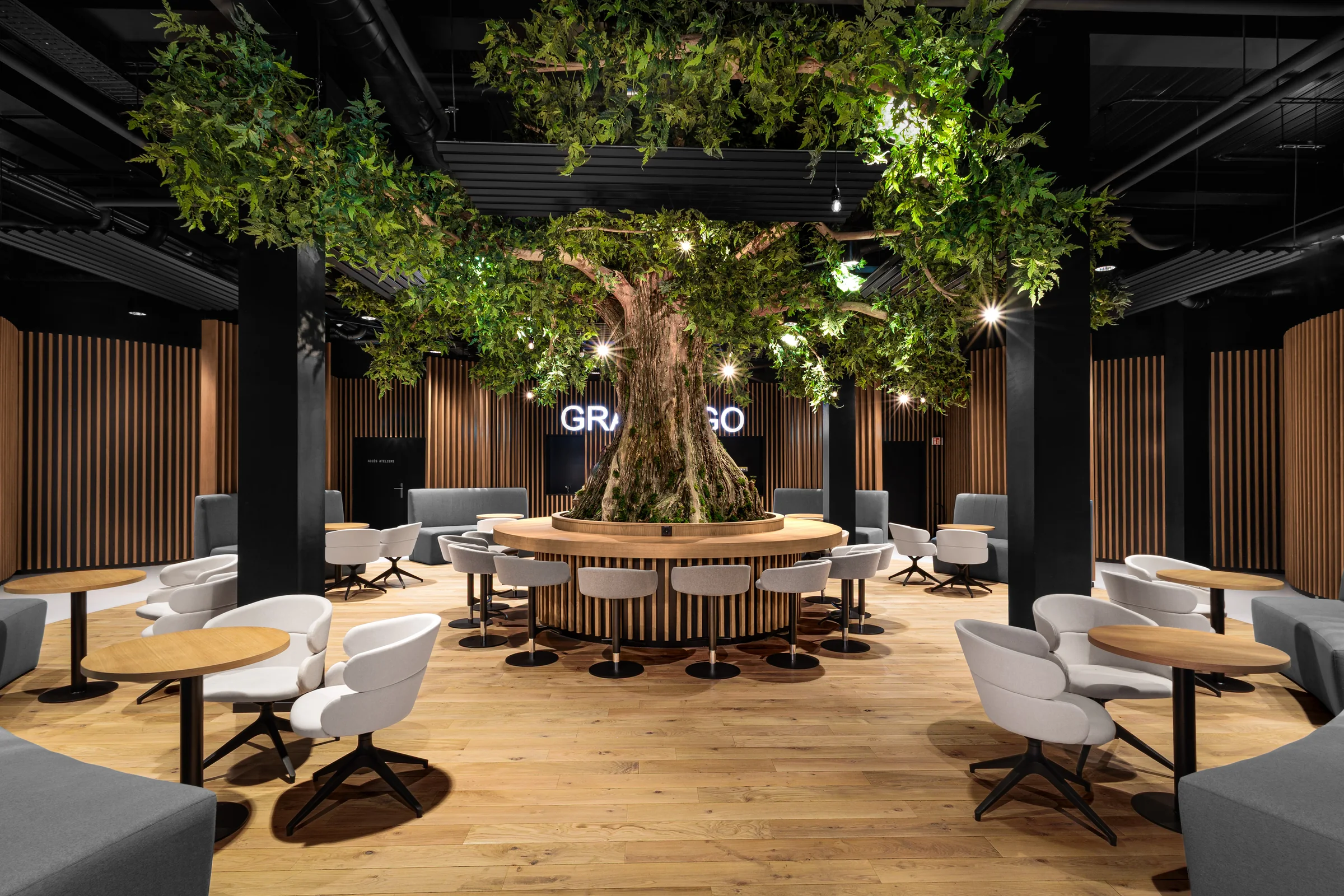 Espace de rencontre autour d’un arbre, mobilier et parois en bois, assises claires
