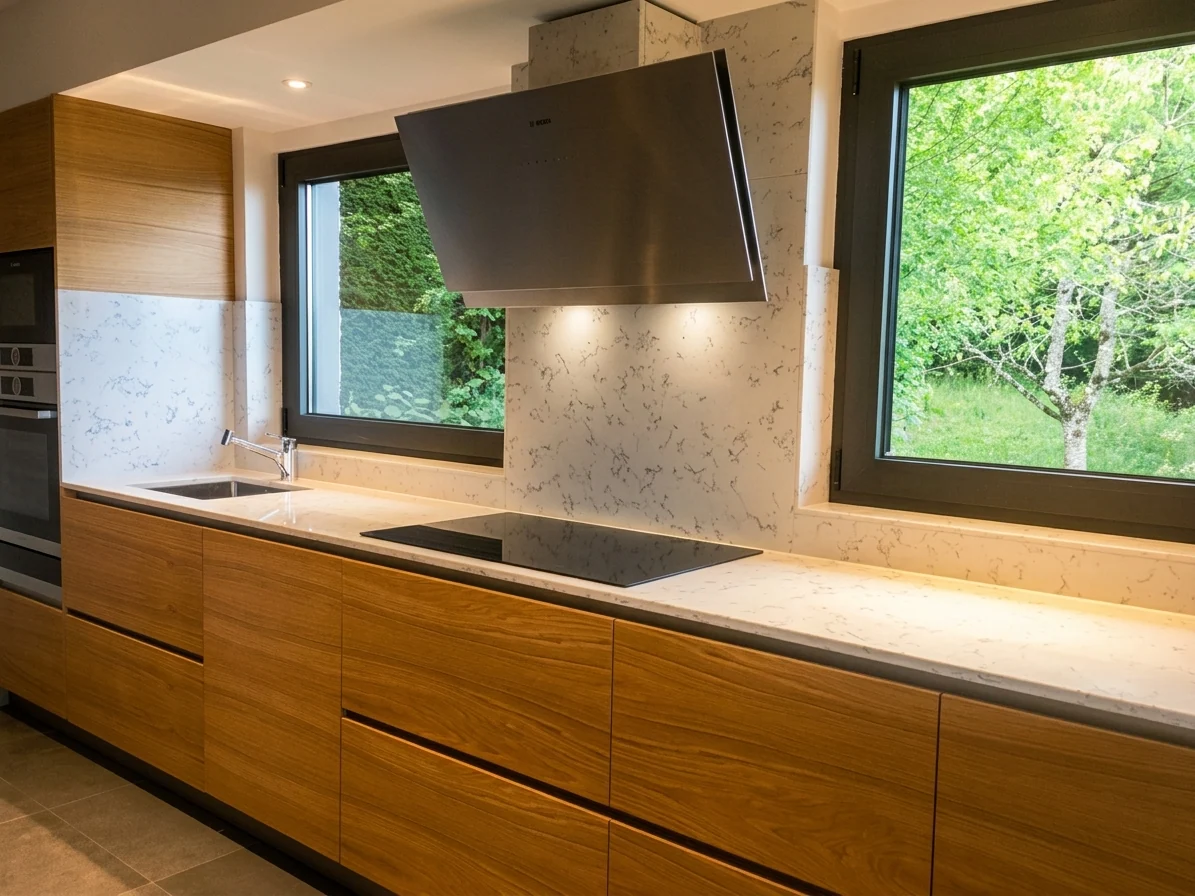 Cuisine en bois, plan de travail clair et meubles intégrés autour des fenêtres.