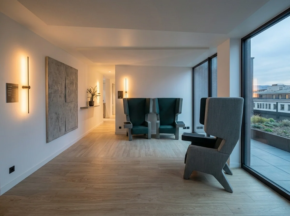 À Lausanne, trois fauteuils à haut dossier sont regroupés près des baies vitrées, avec un passage dégagé le long du mur.