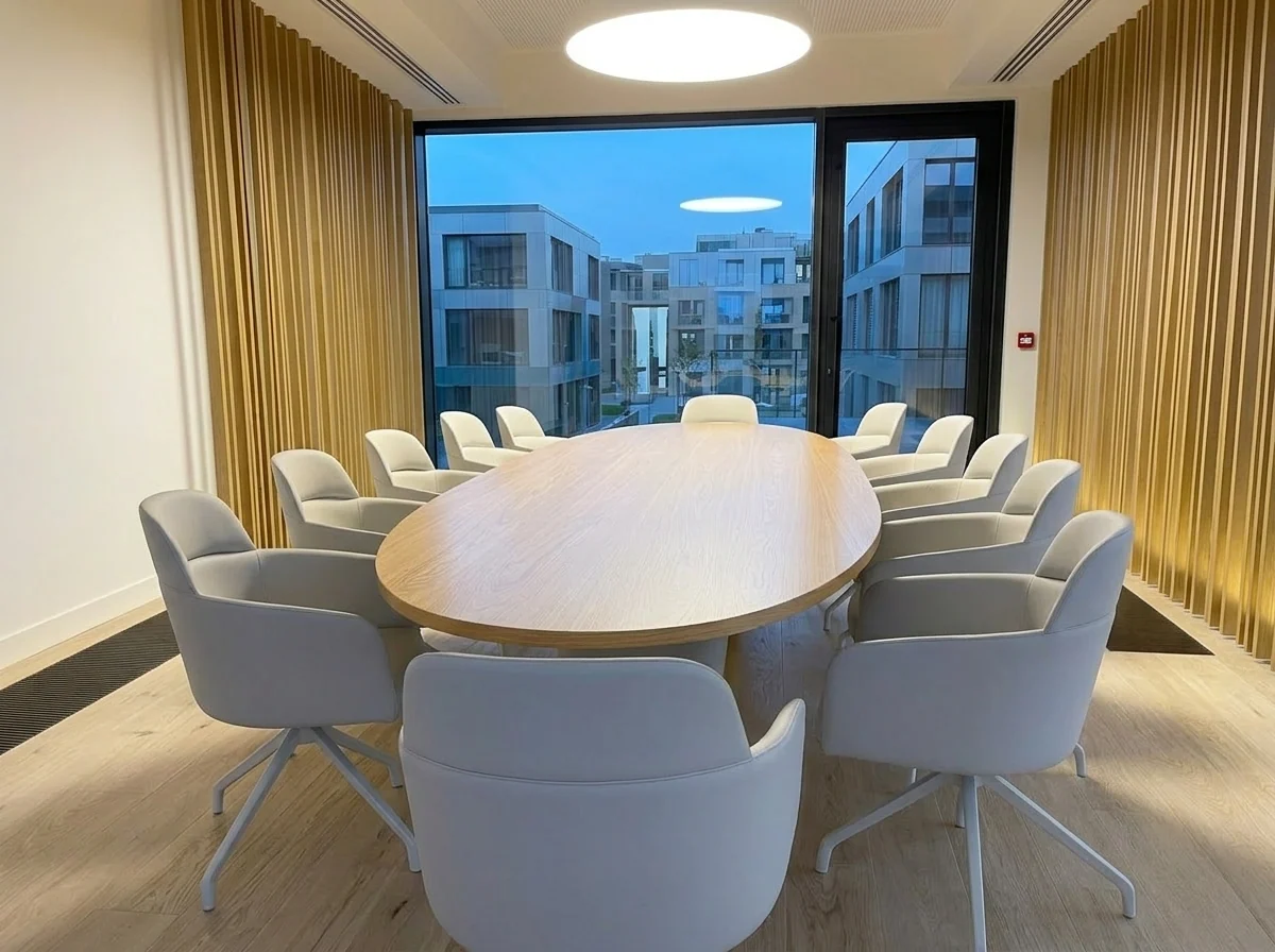 Grande table de réunion claire réalisée par IAKO dans une pièce vitrée