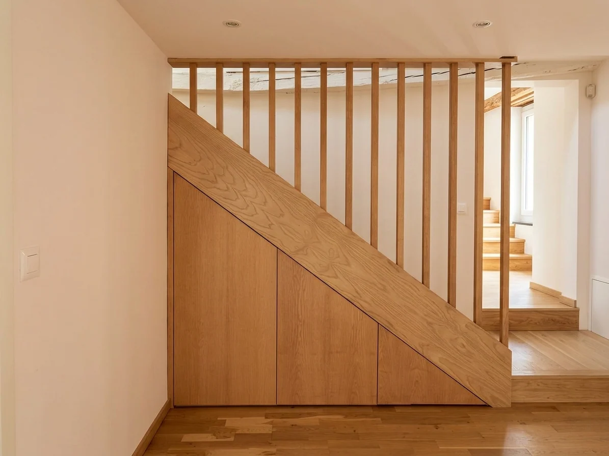 Détail d’un escalier en bois avec rangement intégré réalisé par IAKO