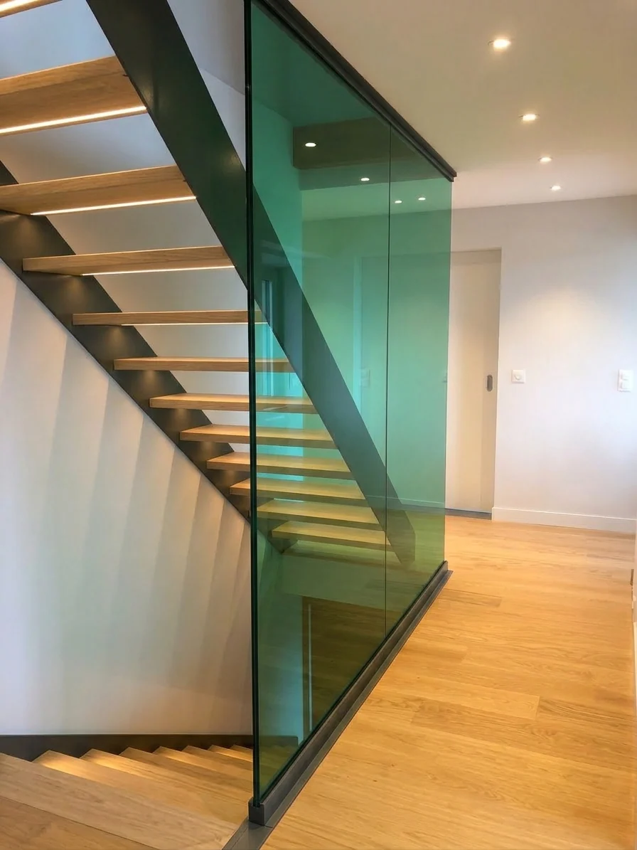 Escalier en bois avec éclairage intégré et garde-corps en verre vert.